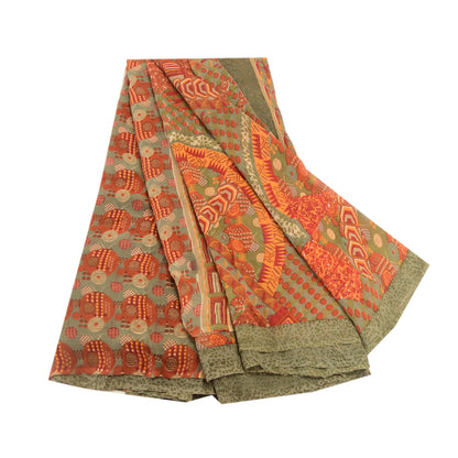 Sanskriti Vintage Red Sarees Pure Georgette Silk Sari Printed 5yd Craft Sustainable Fabric