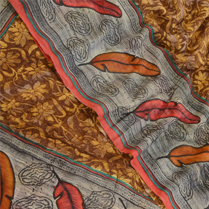 Sanskriti Vintage Brown Sarees Pure Georgette Silk Printed Sari 5yd Craft Sustainable Fabric