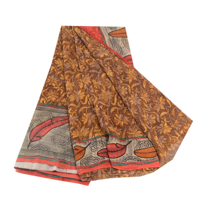 Sanskriti Vintage Brown Sarees Pure Georgette Silk Printed Sari 5yd Craft Sustainable Fabric
