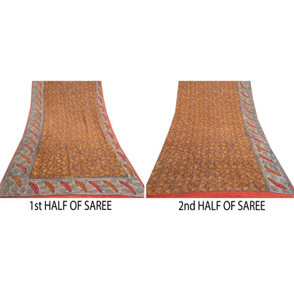 Sanskriti Vintage Brown Sarees Pure Georgette Silk Printed Sari 5yd Craft Sustainable Fabric