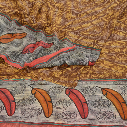 Sanskriti Vintage Brown Sarees Pure Georgette Silk Printed Sari 5yd Craft Sustainable Fabric