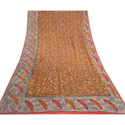 Sanskriti Vintage Brown Sarees Pure Georgette Silk Printed Sari 5yd Craft Sustainable Fabric