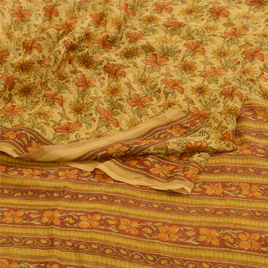 Sanskriti Vintage Brown Sarees Pure Chiffon Silk Printed Sari 5yd Craft Fabric