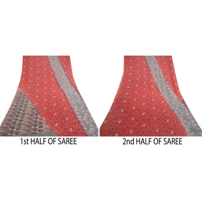 Sanskriti Vintage Red Sarees Pure Georgette Silk Printed Sari Soft Craft Sustainable Fabric