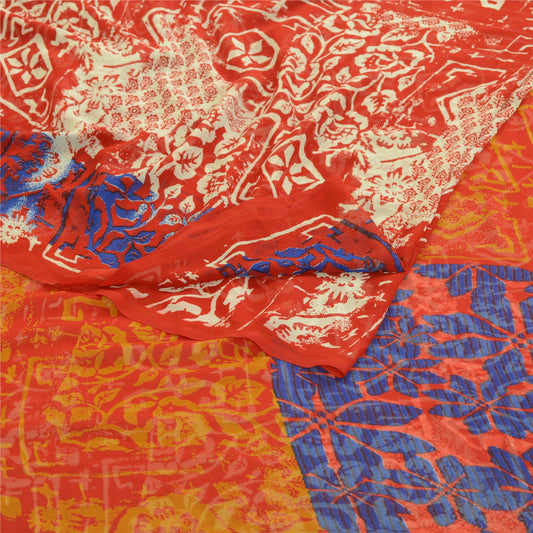Sanskriti Vintage Red Sarees Georgette Printed Sari 5yd Floral Soft Craft Sustainable Fabric