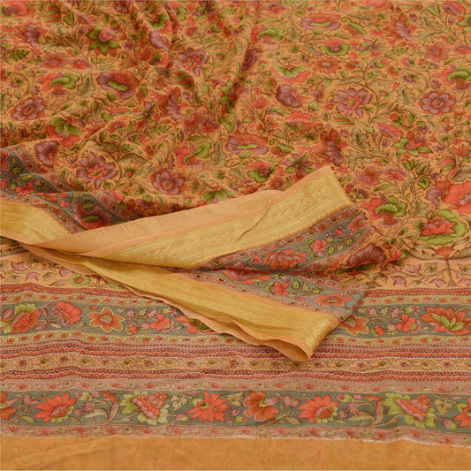 Sanskriti Vintage Brown Printed Sarees Georgette Zari Border Sari Craft Sustainable Fabric