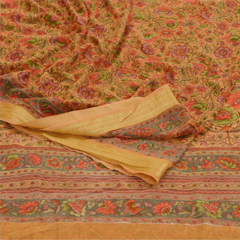 Sanskriti Vintage Brown Printed Sarees Georgette Zari Border Sari Craft Sustainable Fabric