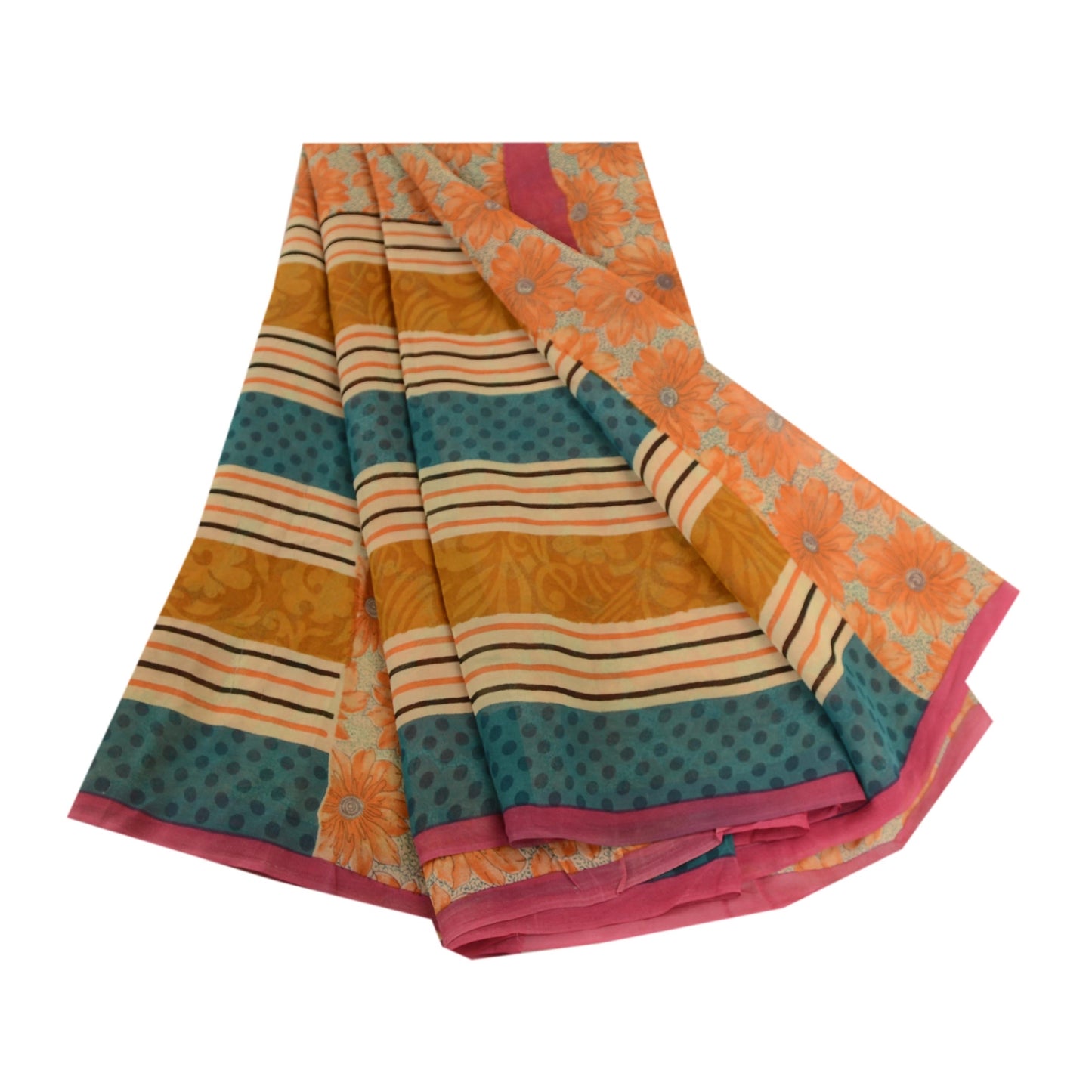 Sanskriti Vintage Orange Printed Sarees Pure Georgette Silk Sari Craft Sustainable Fabric