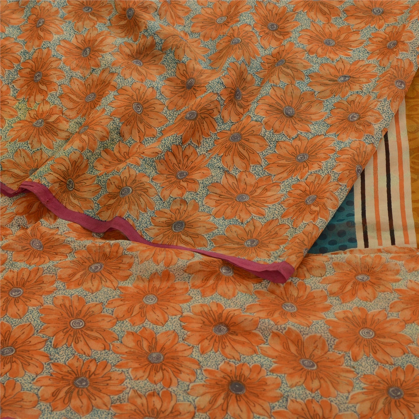 Sanskriti Vintage Orange Printed Sarees Pure Georgette Silk Sari Craft Sustainable Fabric