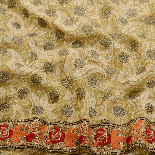 Sanskriti Vintage Green Sparkle Sarees Pure Georgette Silk Print Sari 5yd Sustainable Fabric