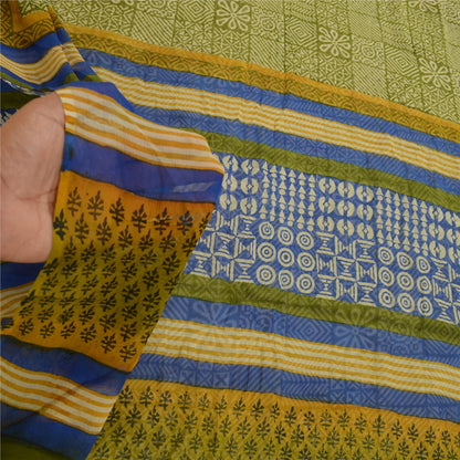 Sanskriti Vintage Green Sarees Pure Georgette Silk Printed Sari 5yd Craft Sustainable Fabric