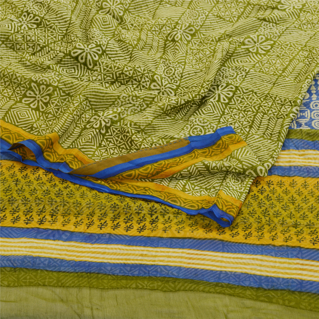 Sanskriti Vintage Green Sarees Pure Georgette Silk Printed Sari 5yd Craft Fabric