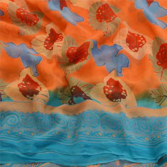 Sanskriti Vintage Orange Sarees Blend Georgette Printed Sari 5yd Craft Sustainable Fabric