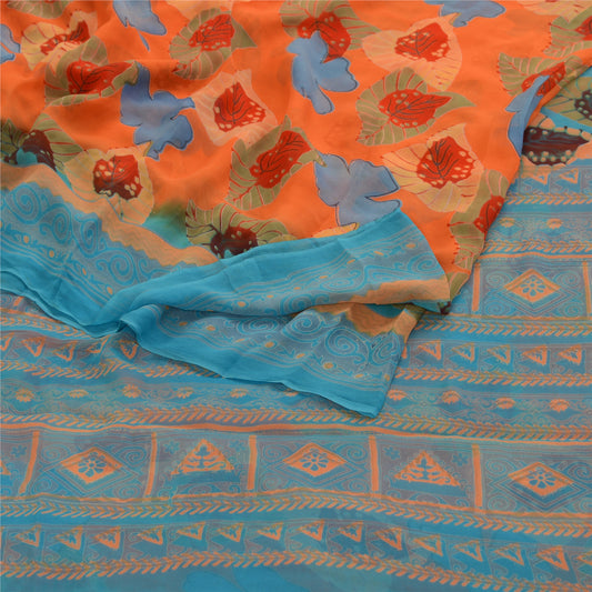 Sanskriti Vintage Orange Sarees Blend Georgette Printed Sari 5yd Craft Sustainable Fabric