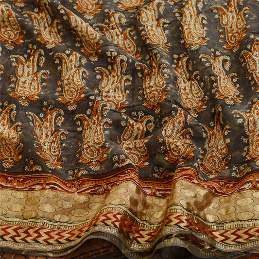 Sanskriti Vintage Gray Printed Sarees Pure Georgette Silk Sari 5yd Craft Sustainable Fabric