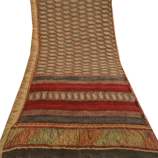 Sanskriti Vintage Gray Printed Sarees Pure Georgette Silk Sari 5yd Craft Sustainable Fabric
