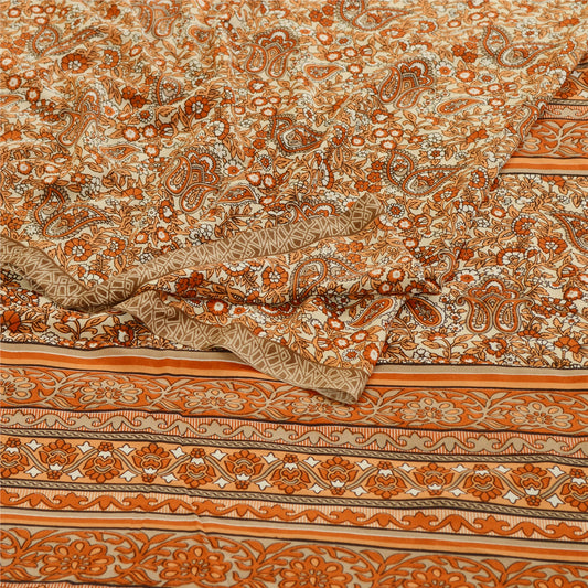 Sanskriti Vintage Orange Indian Printed Sarees Georgette Sari Soft Craft Sustainable Fabric