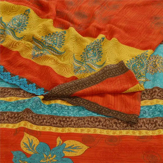 Sanskriti Vintage Red Indian Sarees Georgette Sari 5yd Floral Soft Craft Sustainable Fabric