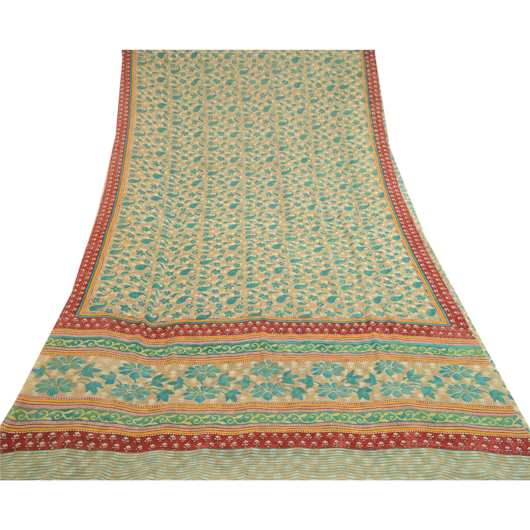 Sanskriti Vintage Green Printed Sarees Pure Georgette Silk Sari 5yd Craft Fabric