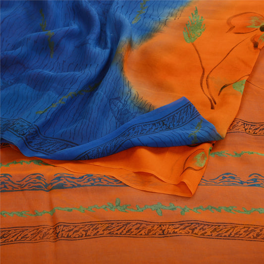 Sanskriti Vintage Blue Sarees Pure Georgette Silk Printed Sari 5yd Craft Sustainable Fabric