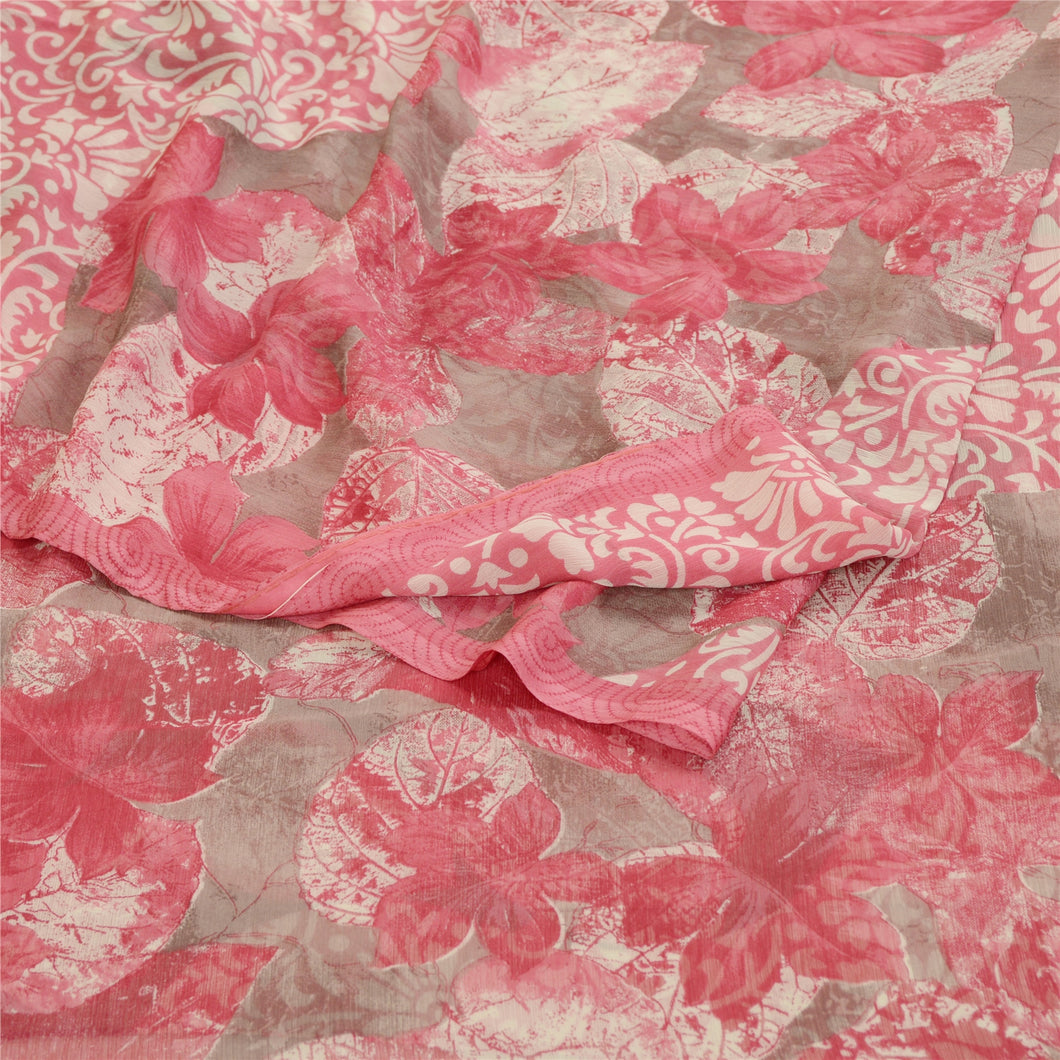 Sanskriti Vintage Pink Indian Sarees Chiffon Printed Sari Floral Craft Fabric