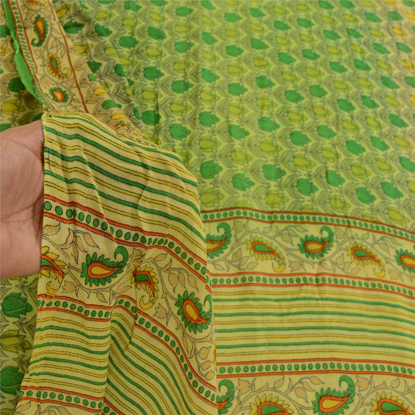 Sanskriti Vintage Green Sarees Georgette Silk Printed Sari 5YD Craft Sustainable Fabric