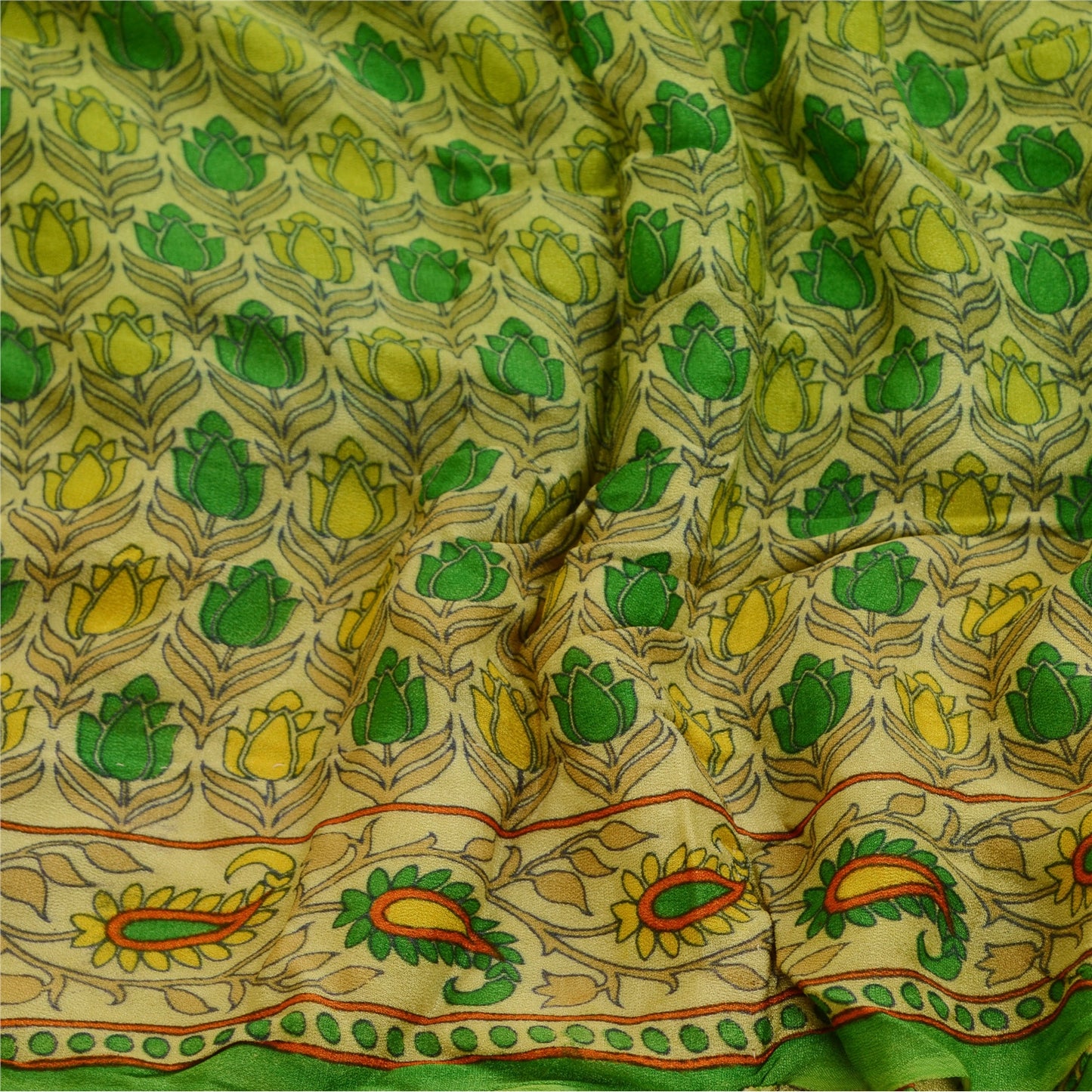 Sanskriti Vintage Green Sarees Georgette Silk Printed Sari 5YD Craft Sustainable Fabric