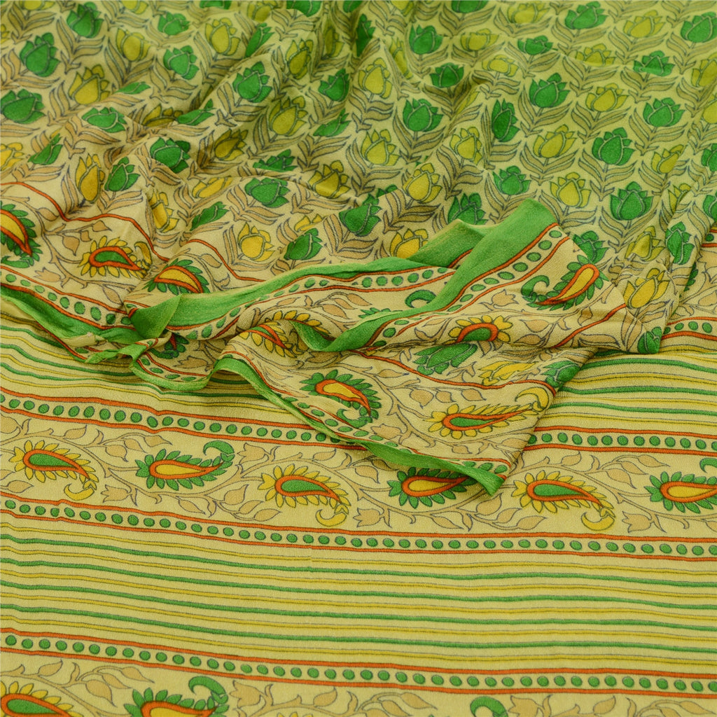 Sanskriti Vintage Green Sarees Georgette Silk Printed Sari 5YD Craft Sustainable Fabric