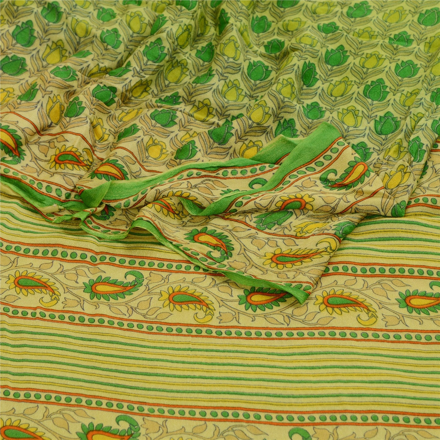 Sanskriti Vintage Green Sarees Georgette Silk Printed Sari 5YD Craft Sustainable Fabric