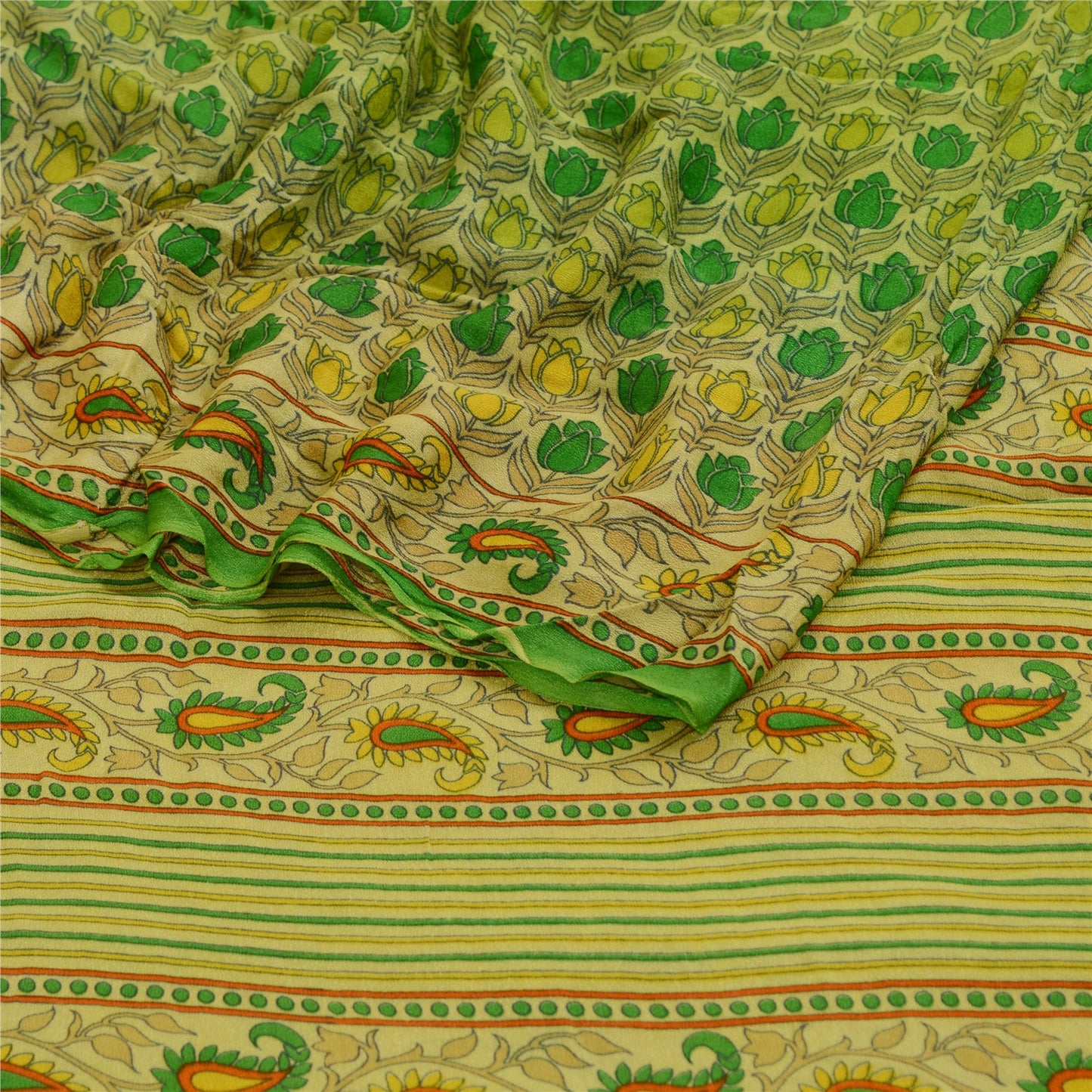 Sanskriti Vintage Green Sarees Georgette Silk Printed Sari 5YD Craft Sustainable Fabric