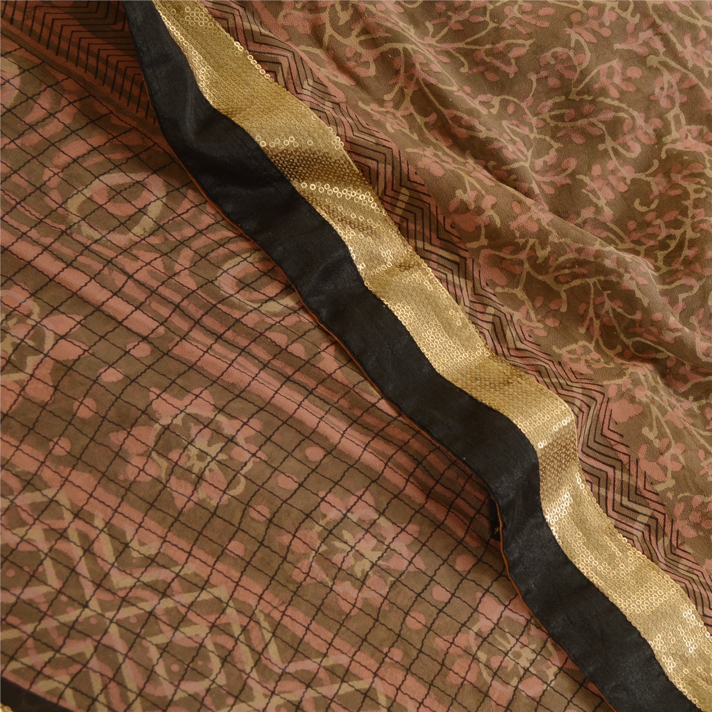 Sanskriti Vintage Green Sarees Pure Georgette Silk Printed Sari 5yd Craft Sustainable Fabric