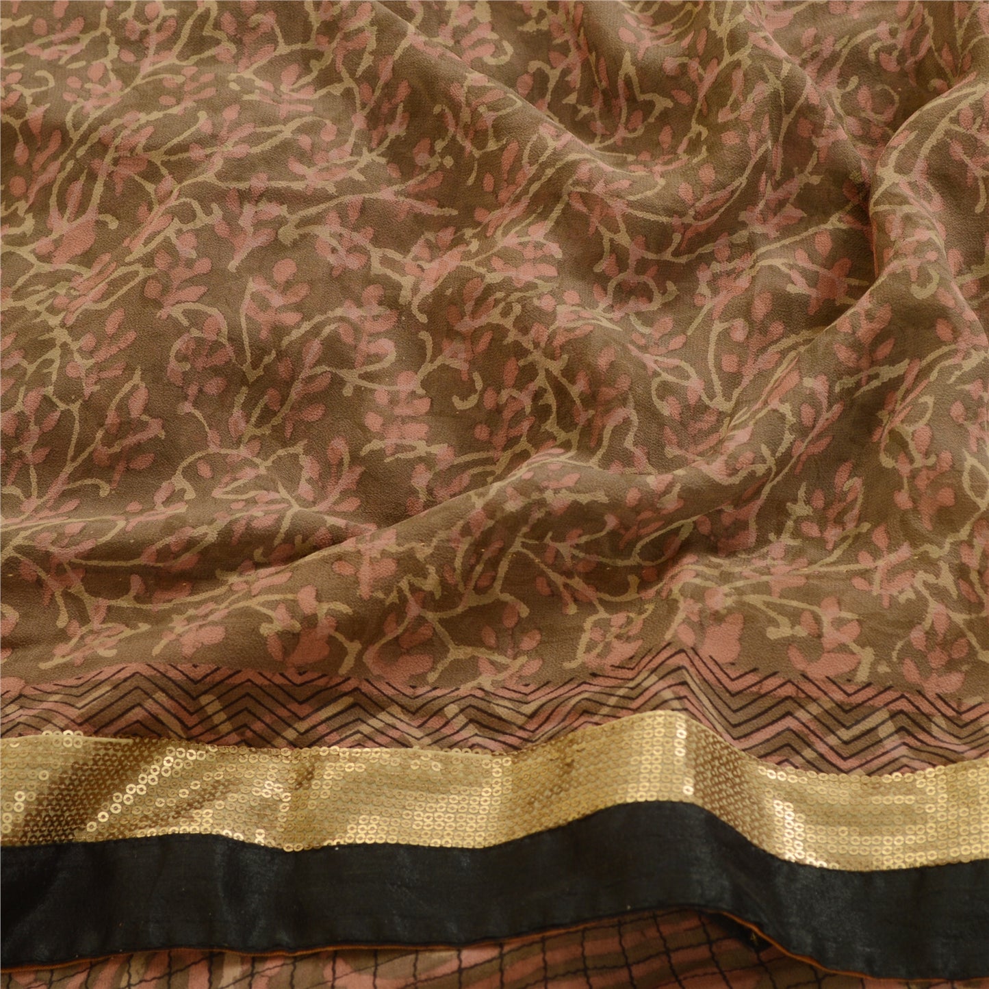 Sanskriti Vintage Green Sarees Pure Georgette Silk Printed Sari 5yd Craft Sustainable Fabric