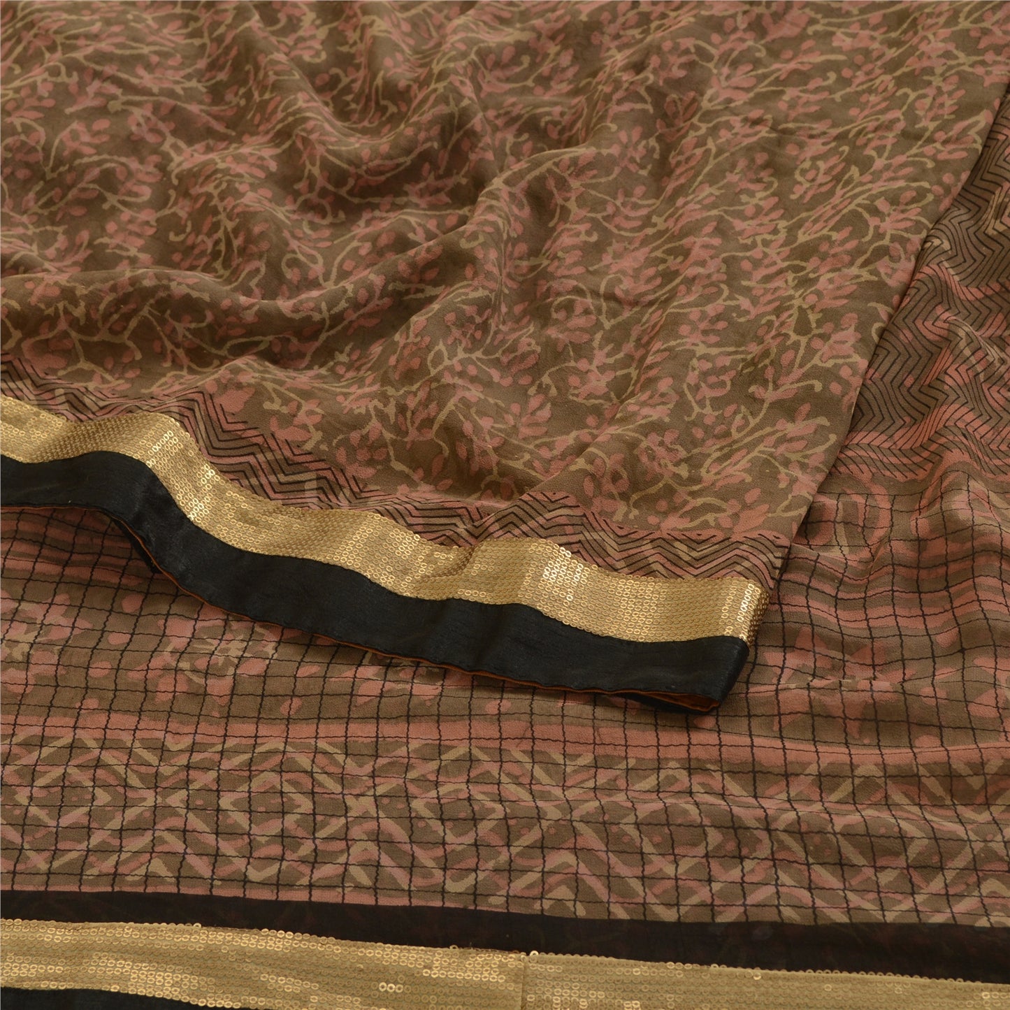 Sanskriti Vintage Green Sarees Pure Georgette Silk Printed Sari 5yd Craft Sustainable Fabric