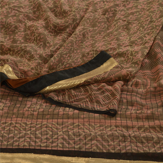 Sanskriti Vintage Green Sarees Pure Georgette Silk Printed Sari 5yd Craft Sustainable Fabric