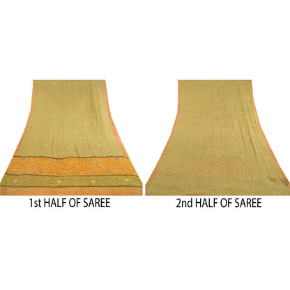 Sanskriti Vintage Grønne Broderet Trykte Sarier Ren Georgette Silke Sari Bæredygtigt Stoff