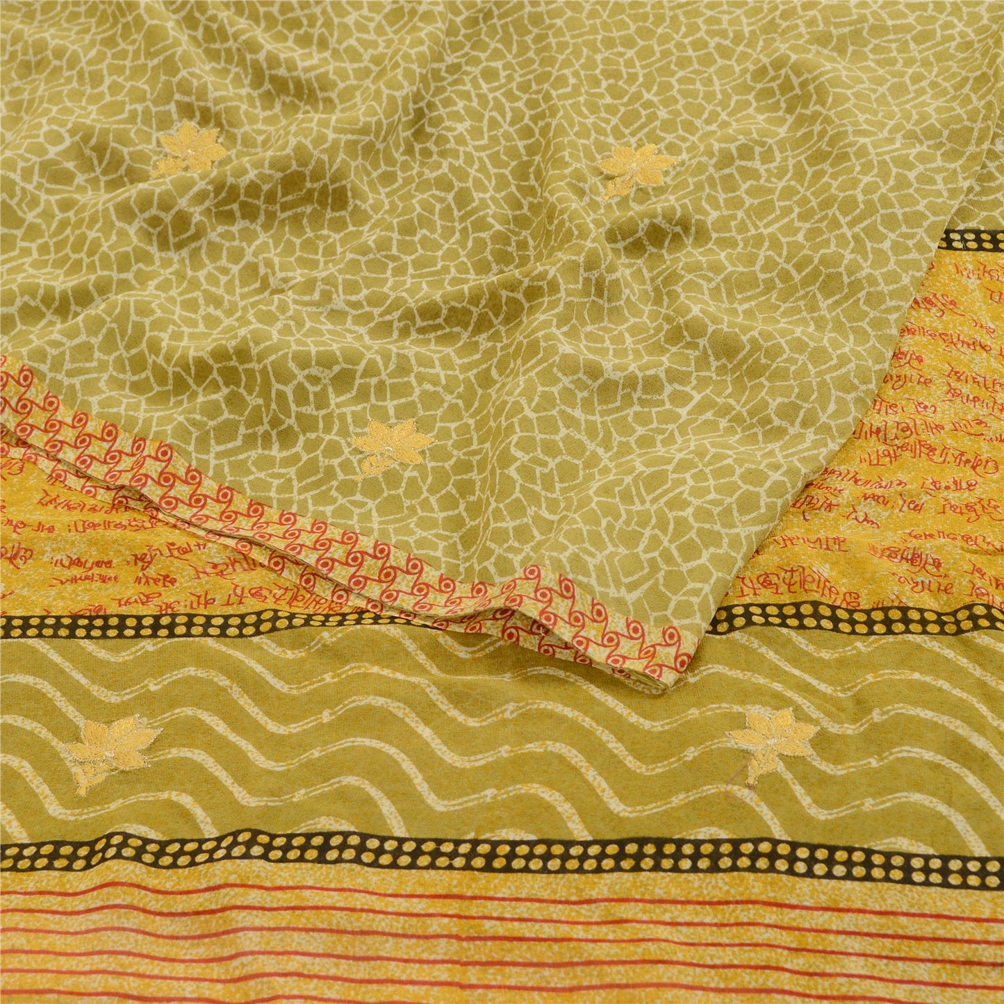 Sanskriti Vintage Grønne Broderet Trykte Sarier Ren Georgette Silke Sari Bæredygtigt Stoff