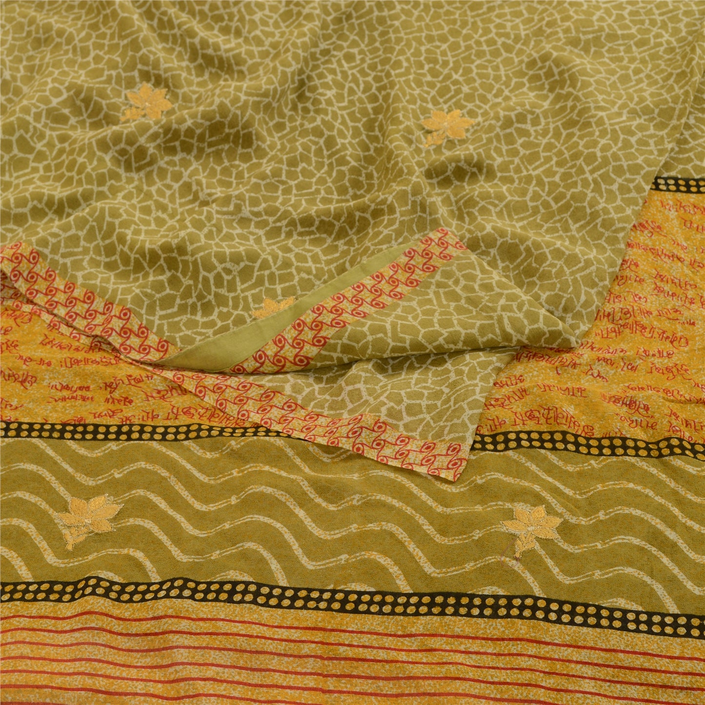 Sanskriti Vintage Grønne Broderet Trykte Sarier Ren Georgette Silke Sari Bæredygtigt Stoff