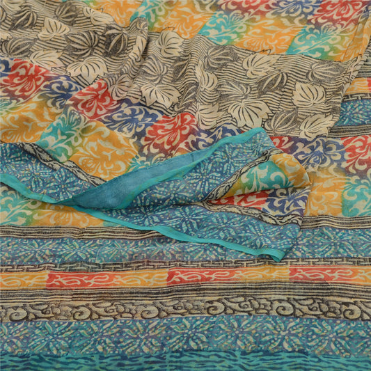 Sanskriti Vintage Multi Sarees Pure Georgette Silk Printed Sari 5yd Craft Sustainable Fabric
