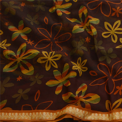 Sanskriti Vintage Sarees Brown Printed Zari Work Pure Georgette Silk Sari Sustainable Fabric