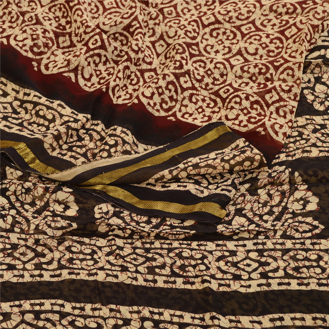 Sanskriti Vintage Sarees Black Batik Printed Blend Georgette Sari Craft Fabric