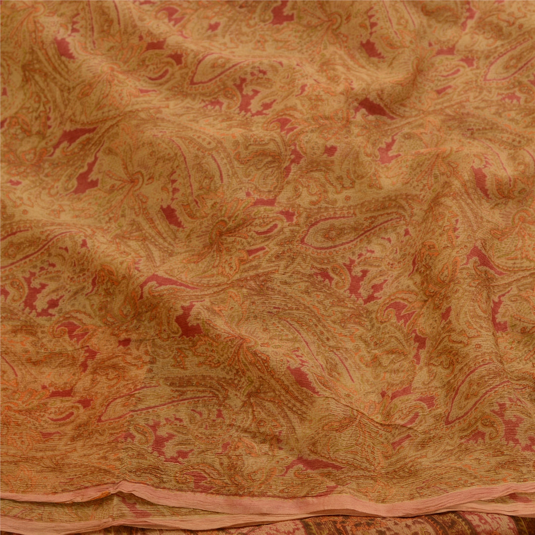 Sanskriti Vintage Sarees Multi Pure Chiffon Silk Printed Sari 5yd Craft Fabric