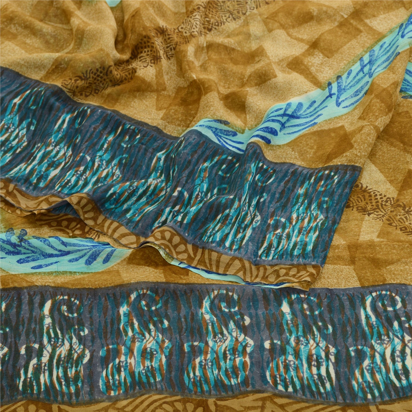 Sanskriti Vintage Sarees Grønt Trykt Ren Georgette Silke Sari 5yd Håndværksmæssigt Bæredygtigt Stoff