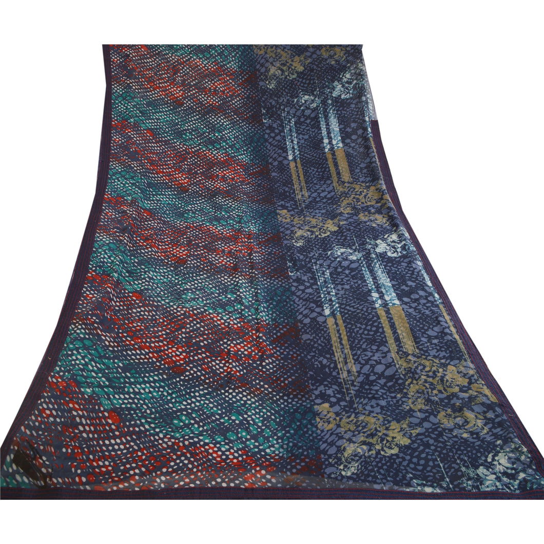 Sanskriti Vintage Sarees Blue Indian Georgette Sari Printed Floral Craft Fabric