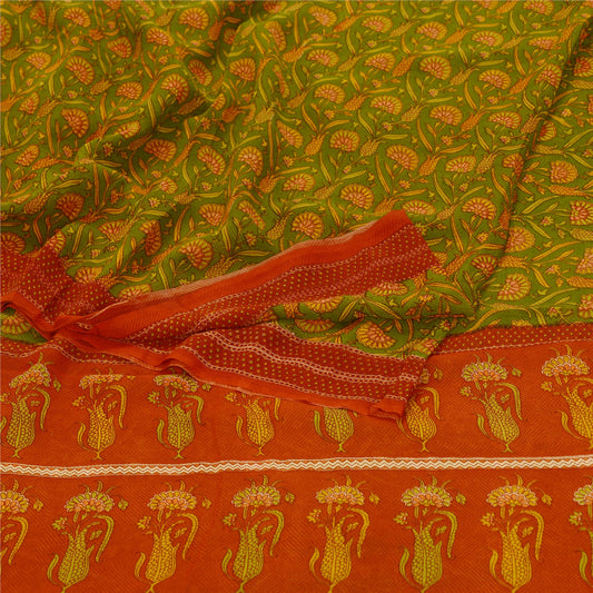 Sanskriti Vintage Sarees Grønt Trykt Ren Georgette Silke Sari 5yd Håndværksmæssigt Bæredygtigt Stoff