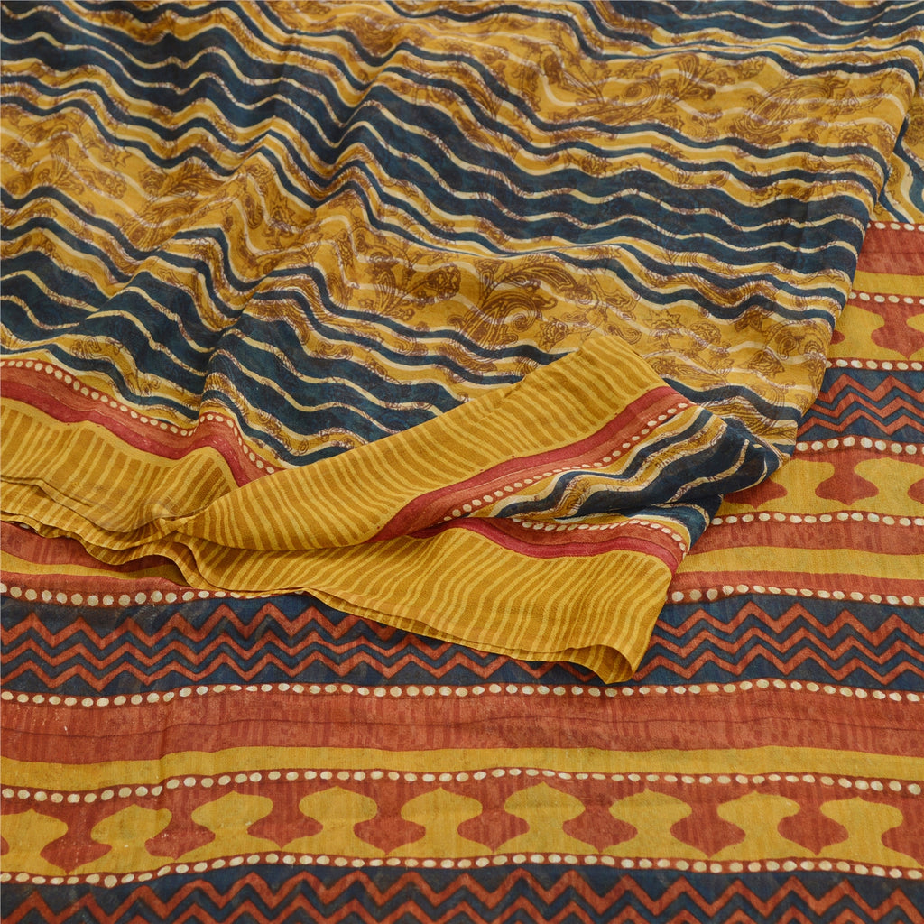 Сари Sanskriti Vintage, зеленое сари из чистого шелка-жоржета с принтом, 5 ярдов, ткань для рукоделия из экологически чистой ткани