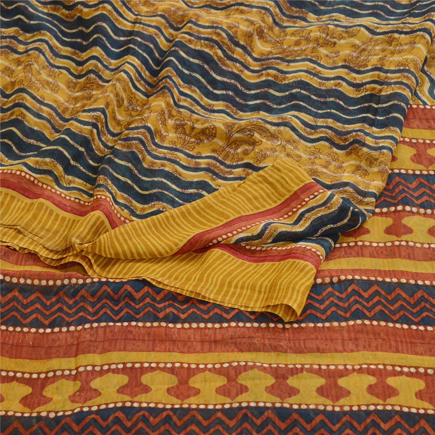 Сари Sanskriti Vintage, зеленое сари из чистого шелка-жоржета с принтом, 5 ярдов, ткань для рукоделия из экологически чистой ткани