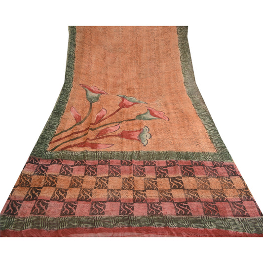 Sanskriti Vintage Sarees Peach Pure Georgette Silk Printed Sari 5yd Craft Sustainable Fabric