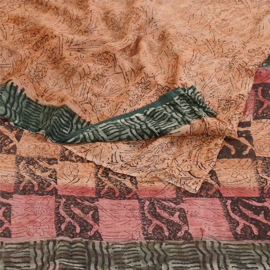 Sanskriti Vintage Sarees Peach Pure Georgette Silk Printed Sari 5yd Craft Sustainable Fabric