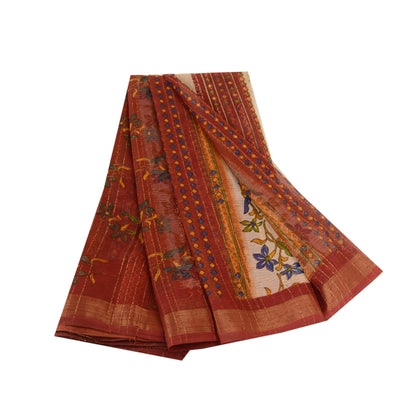 Sanskriti Vintage Dark Red Sarees Poly Georgette Silk Printed Sari Craft Sustainable Fabric