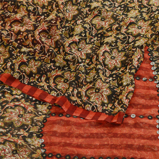 Sanskriti Vintage Sarees Black Printed Georgette Sari 5yd Floral Craft Sustainable Fabric